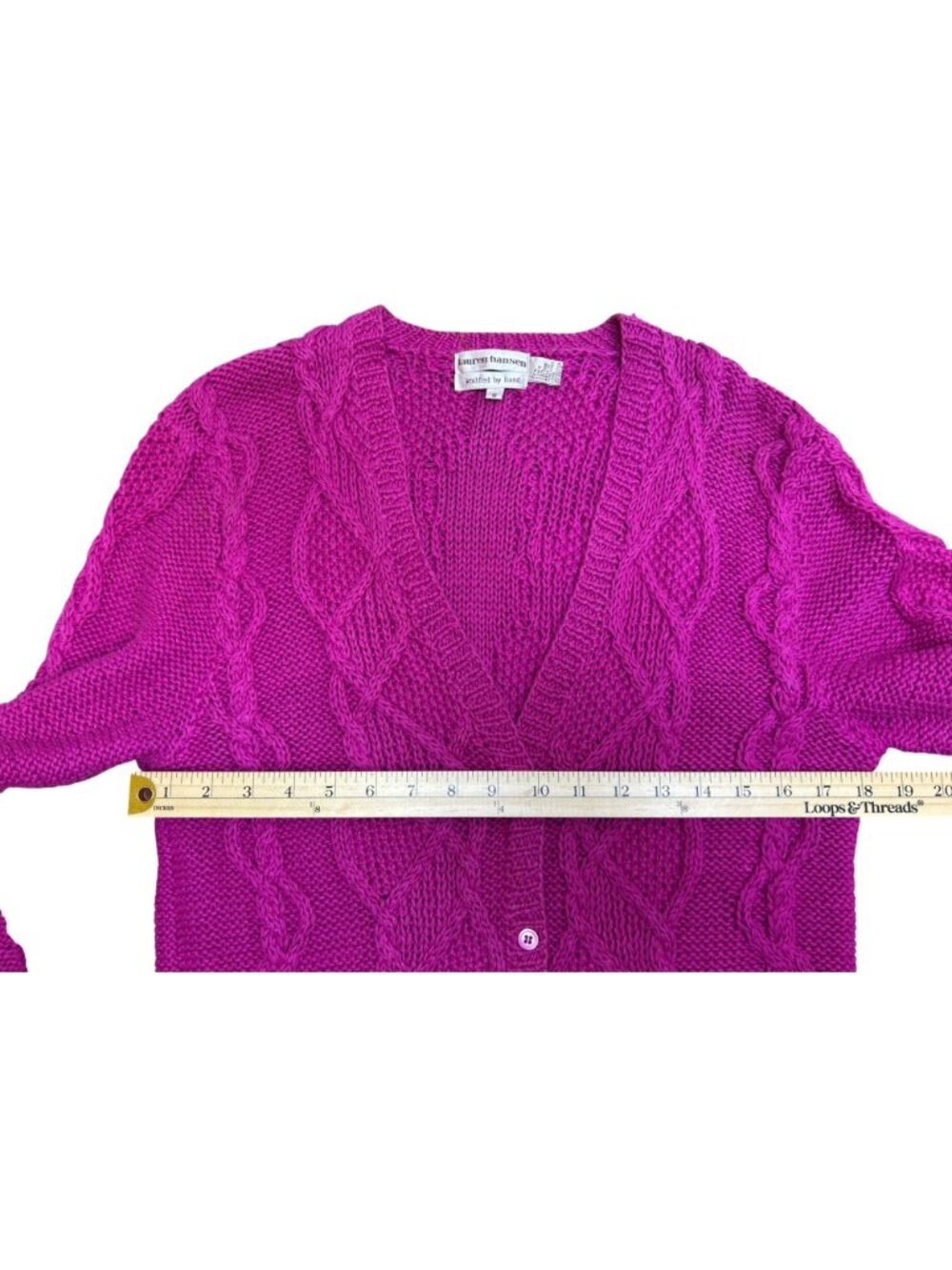 Vintage Lauren Hansen Size S Hand Knit Raspberry Pink Cable Knit Cardigan Cozy - Picture 12 of 16